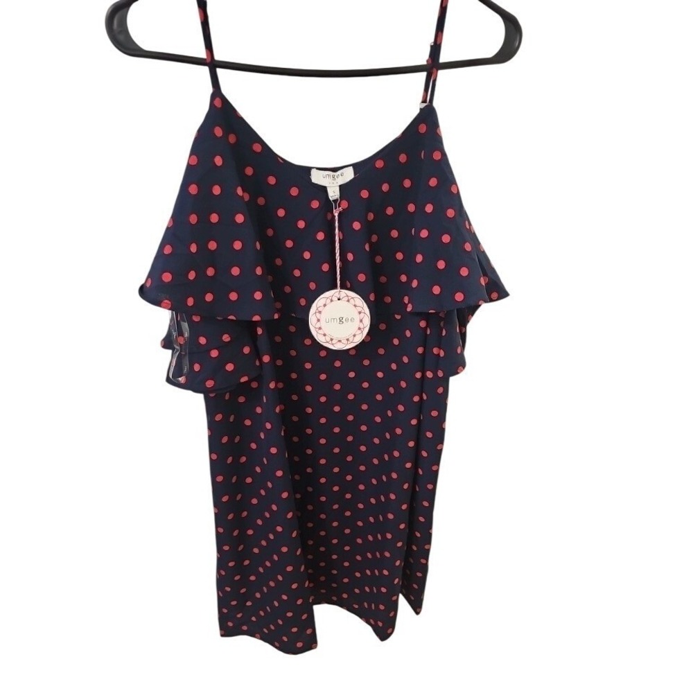 Umgee Womens Navy Blue‎ Red Polka Dot Cold Shoulder Ruffle Mini Dress Small NEW